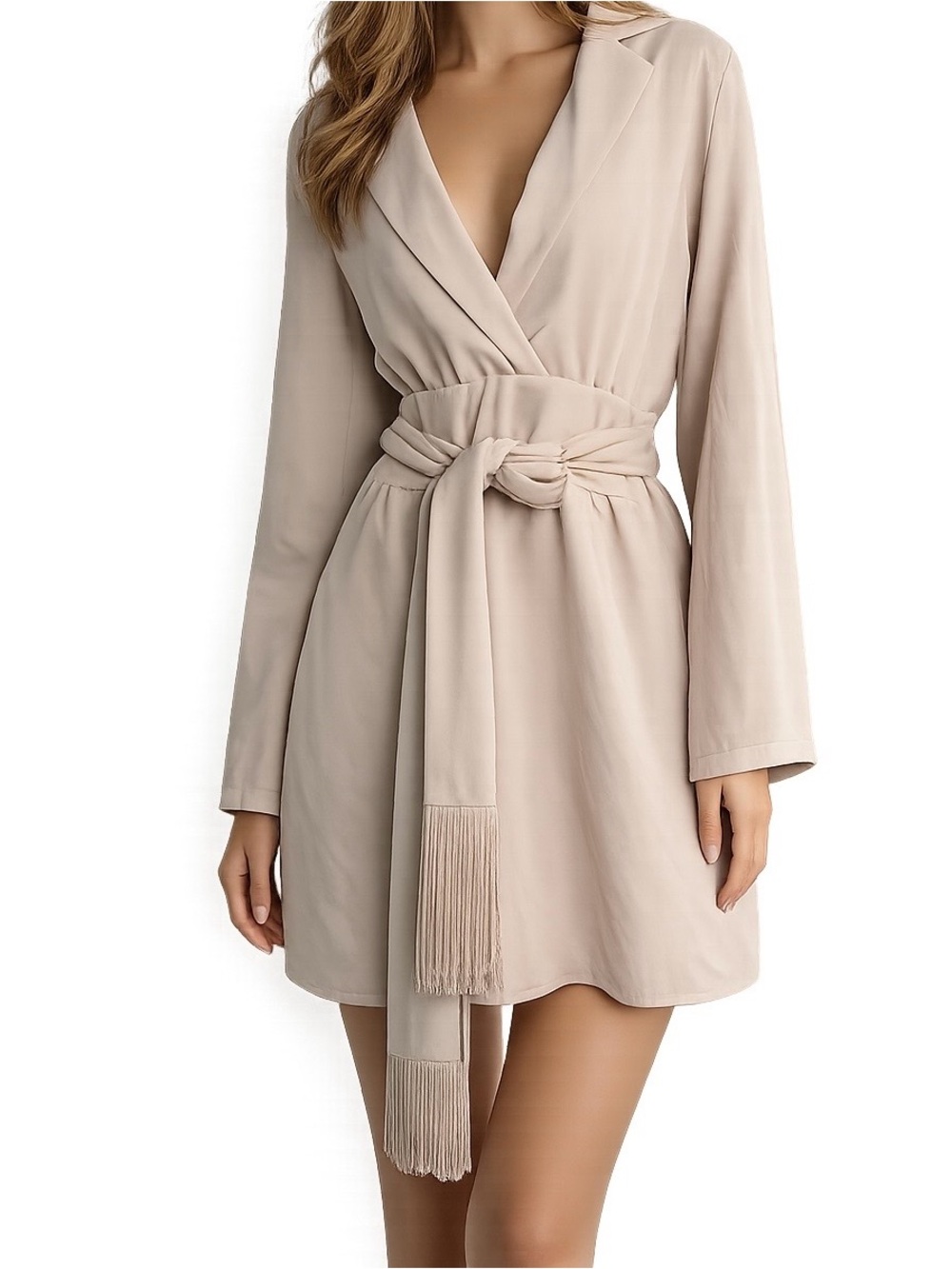 PrettyLittleThing Nude Tie-Waist Fringe Mini Dress